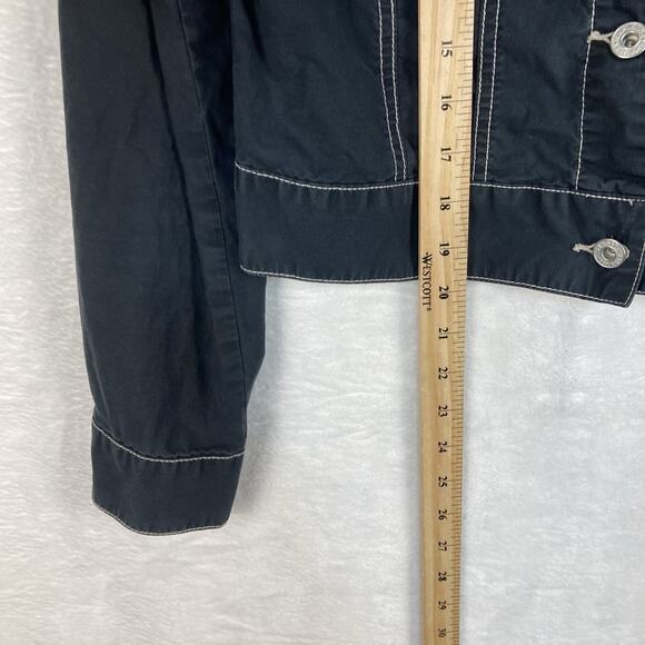 VTG Y2K Gap Cropped Denim Trucker Jacket Womens S Stretch Black White Stitch - Picture 9 of 11
